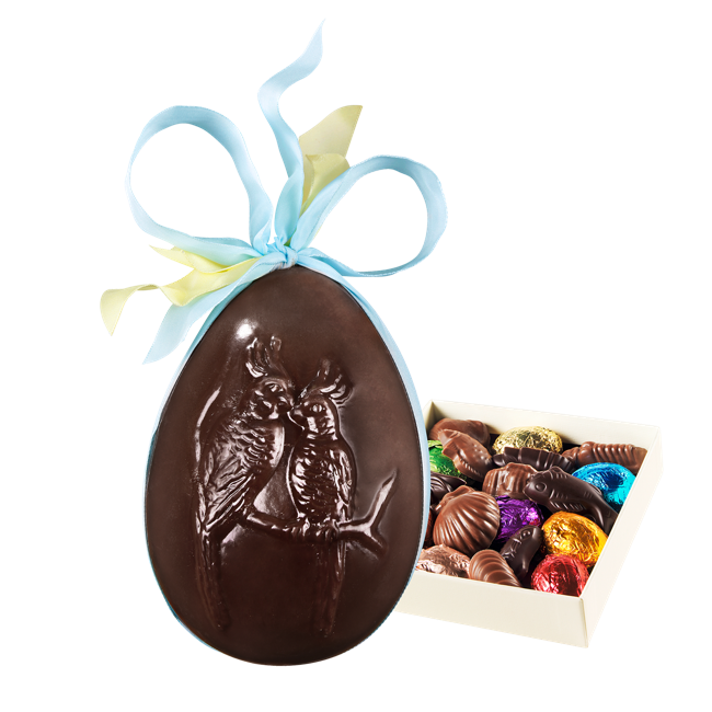 Easter Egg Perruches, Dark 15cm, Side Filling Easter Egg Perruches, Dark 15cm, Side Filling